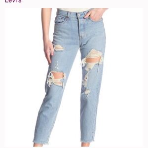LEVIS Wedgie Fit BIG E High Rise Straight Raw Hem Knee Ripped Denim Jeans 28